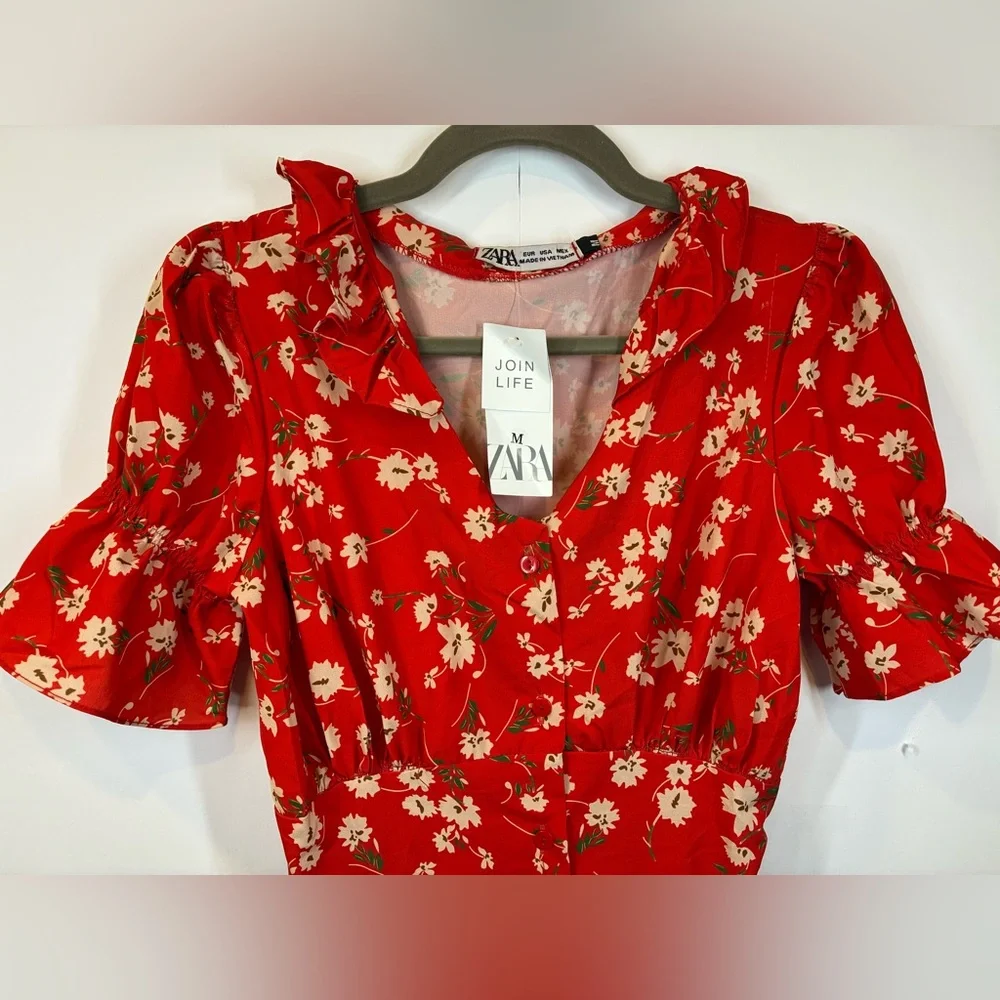 ZARA Red Floral Mini Dress Medium NWT Join Life V-neck Flutter Sleeve - Picture 2 of 8
